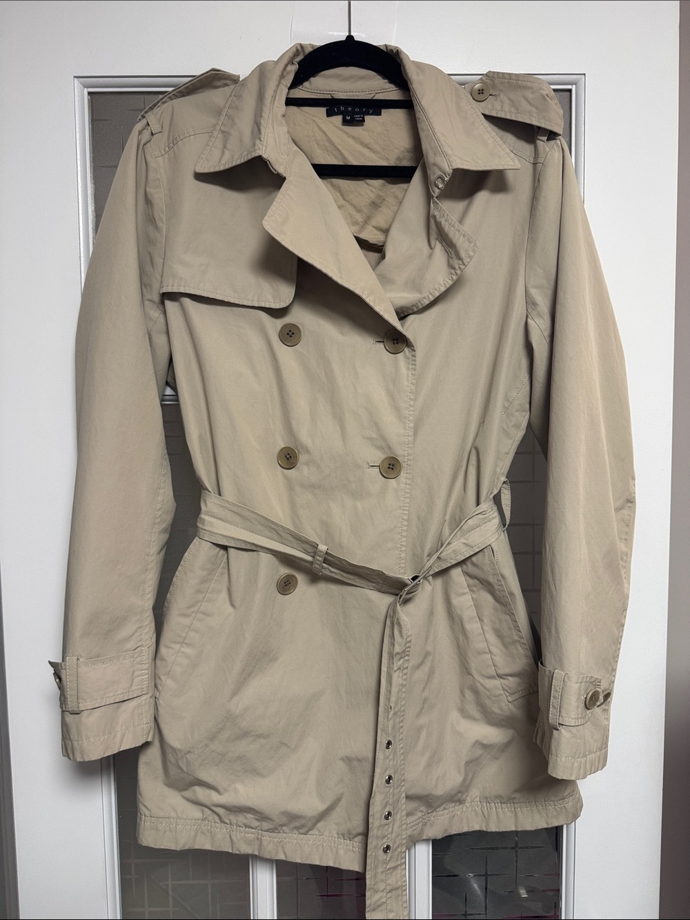 Theory Beige Double-Breasted Belted Trench Coat - Picture 2 of 10
